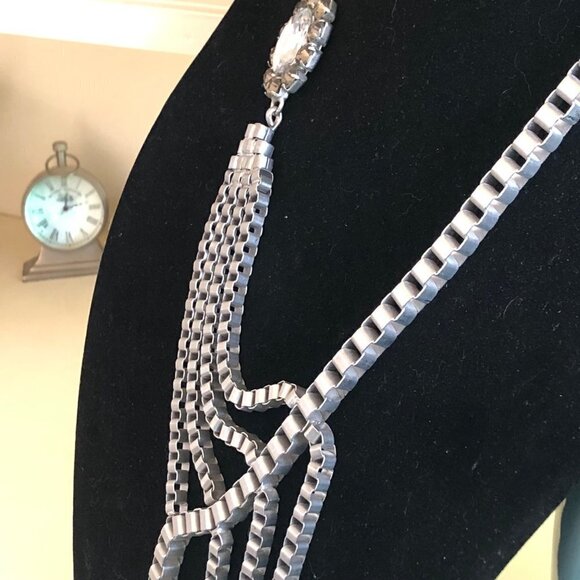 Fashion Jewelry Pewter Necklace Large Dripping Rhinestones 22" to 27" - Picture 11 of 12